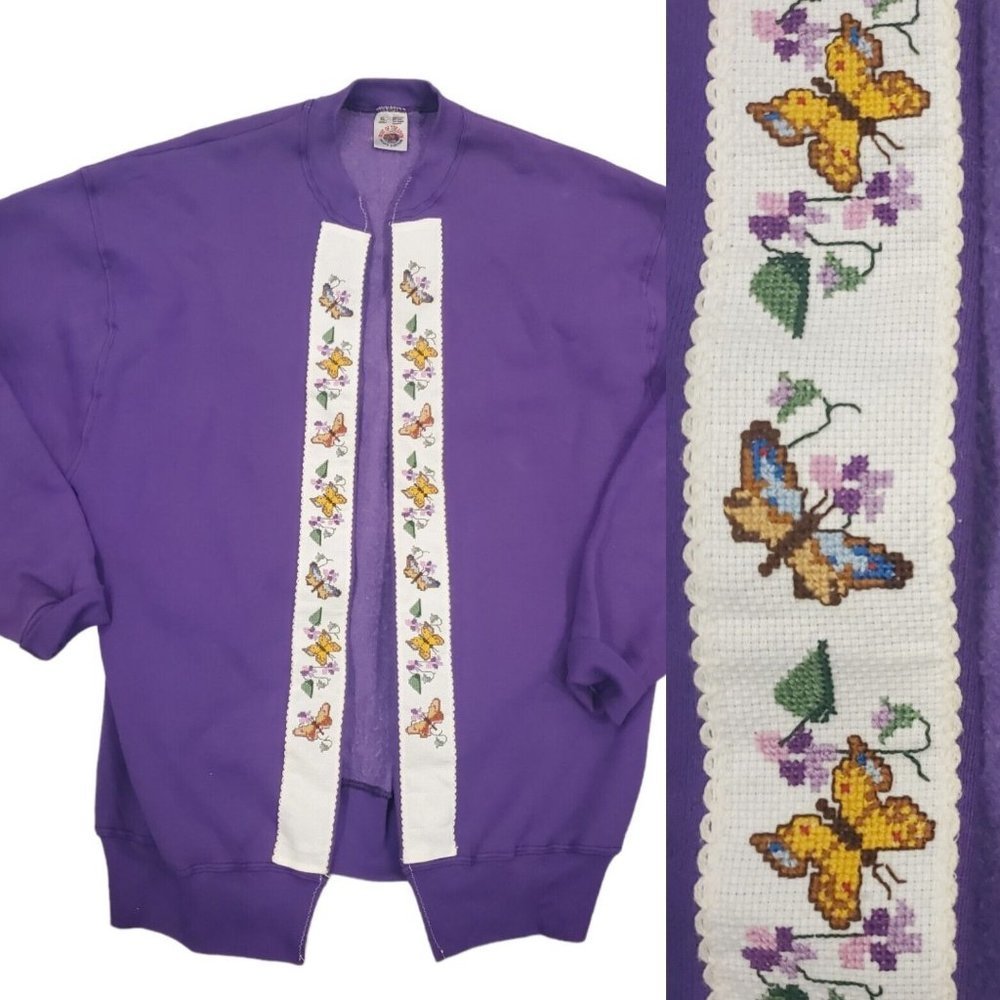 Vintage 90s Purple Granny Core Open Cardigan Sweatshirt Purple Butterflies‎ XL